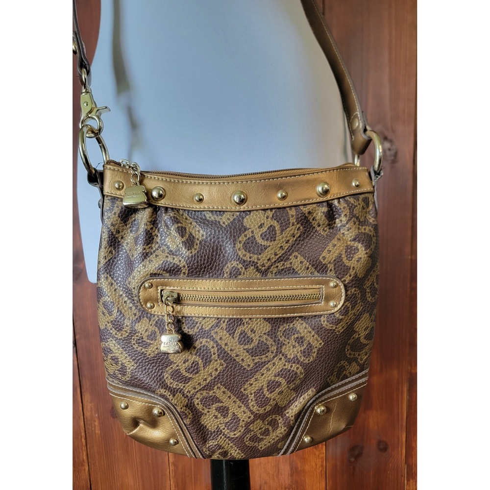 Vintage Y2K Kathy Van Zeeland Crown Monogram Crossbody Bag Brown Gold Studded